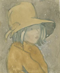 Jeune fille au chapeau et manteau marron