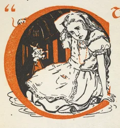 Lettre illuminée C avec Alice et le Lapin Blanc à l