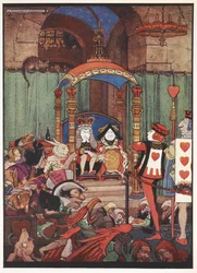 Le Roi et la Reine de Cœur sur leur trône à la cour pendant le procès du Valet de Cœur.
