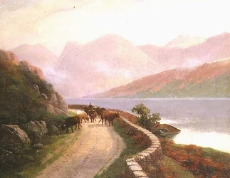 Conducteur de troupeau avec des vaches près du lac Buttermere, soir