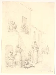 Femmes et enfants devant une maison italienne