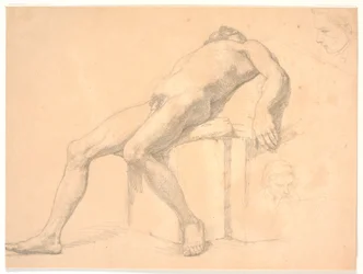 Étude de modèle masculin nu, allongé. À droite, deux têtes de portrait, l