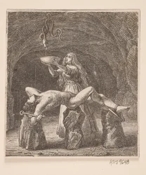 Sigyn tient le bol entre le serpent et Loki