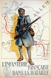 Infanterie française au combat (la ligne rouge représente la ligne Hindenburg) - ill. par H. Delaspre