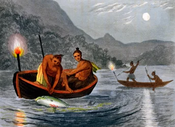 Amérindiens pêchant à la torche en Amérique du Nord, 1813