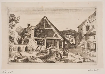 Intérieur de ville avec grange et naissance de Jésus