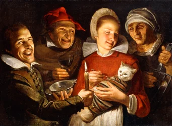 Un proverbe néerlandais - Une femme nourrissant un chat attaché, entourée d