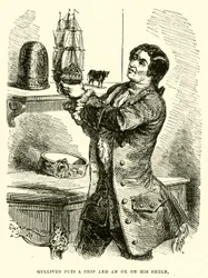 Gulliver met un navire et un bœuf sur son étagère (gravure)