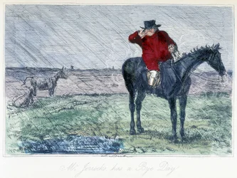 Scène de chasse à cheval par un jour de pluie. Caricature anglaise sur la chasse au renard des "aventures de Thomas Scott ou Hauwbuck Grange", illustration de H.K. Browne et W.T. Maud.