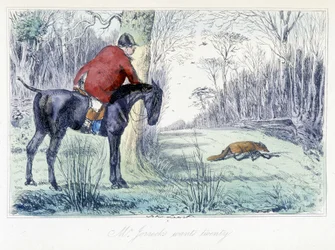 Scène de chasse à cheval. Caricature anglaise sur la chasse au renard des "aventures de Thomas Scott ou Hawbuck Grange", illustration de H.K. Browne et W.T. Maud.