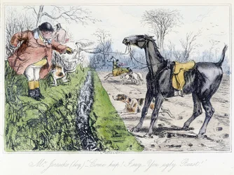 Scène de chasse à cheval. Caricature anglaise sur la chasse au renard dans "Les aventures de Thomas Scott ou Hawbuck Grange", illustration par H.K. Browne et W.T. Maud.