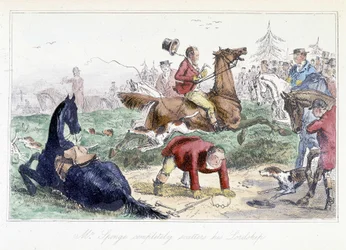 Chasseur tombant de son cheval. Caricature anglaise des aventures de Thomas Scott ou Hawbuck Grange", illustration par H.K. Browne et W.T. Maud