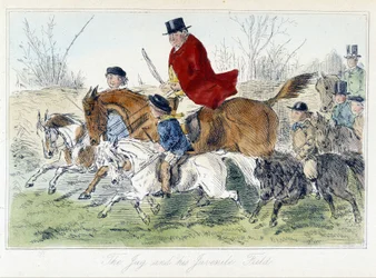 Scène de chasse, caricature anglaise sur la chasse au renard tirée de « Les aventures de Thomas Scott ou Hawbuck Grange », illustration de H.K. Browne et W.T. Maud