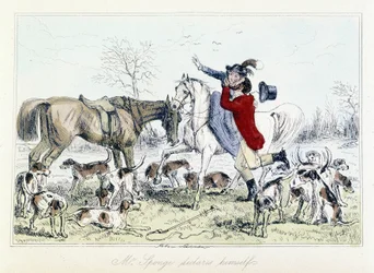 Mr Sponge se déclare. Caricature anglaise sur la chasse au renard dans « Les Aventures de Thomas Scott », illustration de H.K. Browne et W.T. Maud