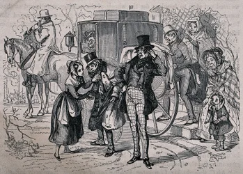 Une jeune femme soigne un homme qui semble malade, tandis que les gens de la maison montent dans la voiture. Gravure sur bois de Gray d