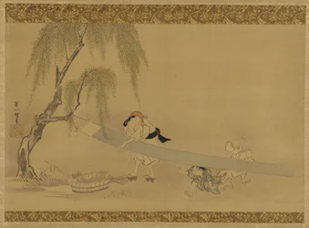 Femme étendant du linge à sécher, deux enfants jouant, période Edo