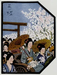 Femmes avec des parapluies dans un pousse-pousse au Japon - dans «Poupées japonaises» par Félicien Champsaur, ill. par Hanafusa Itcho