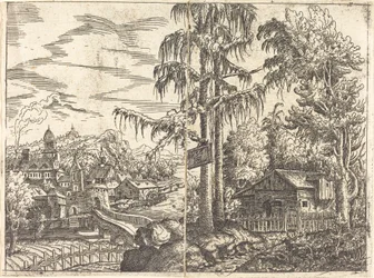 Paysage avec vue sur une ferme et une ville près d
