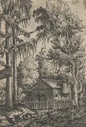Une cabane et deux pins