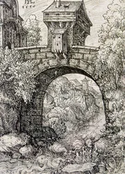 Campagne avec porte de pont et eau, vers 1550