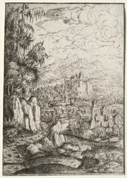 Paysage avec une route vers un château sur une île dans une rivière, 1554