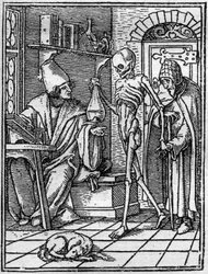 Les simulacres de la mort de Hans Holbein le Jeune (1497-1543) : le médecin. La Mort s