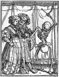 Les simulacres de la mort de Hans Holbein le Jeune (1497-1543) : les époux. La mort joue du tambour devant un couple. Gravure.
