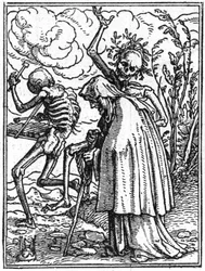 Les simulacres de la mort de Hans Holbein le Jeune (1497-1543) : la vieille. La mort accompagne une vieille dame à son destin. Gravure