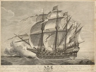 Cette gravure est la représentation exacte de ce navire capital le Great Harry construit dans le chantier naval de Sa Majesté à Woolwich sous le règne du roi Henri VIII en 1514