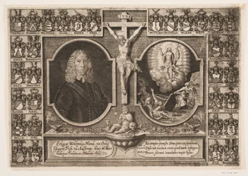 Gregers Friis à Ålstrup ainsi que le Christ en croix et la résurrection du Christ. Entouré de blasons