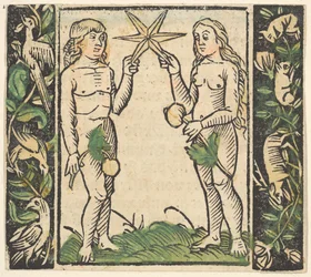 Adam et Ève tenant une étoile, illustration de Beschlossen Gart des Rosenkranz Mariae