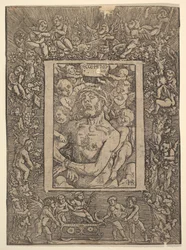 Ecce Homo avec bordure ornementale montrant le triomphe de Bacchus