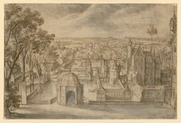 Un château aux nombreuses tours dans un vaste paysage plat entre des étangs. Un pavillon de jardin rond au milieu du premier plan. À gauche, une allée