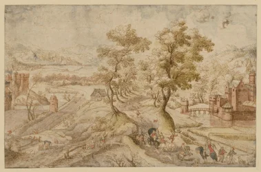 Paysage vallonné avec deux châteaux d