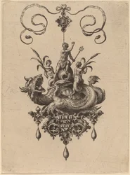 Conception pour un pendentif avec un monstre marin portant Neptune flanqué de deux Néréides