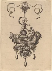 Conception pour un pendentif avec un monstre marin ailé portant Vénus Anadyomène sur une coquille et un homme avec une rame