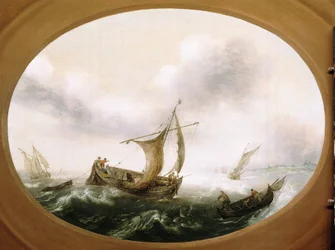 Bateaux de pêche néerlandais pris dans une grande brise, un plus petit bateau, voiles baissées, à droite, avec des pêcheurs tirant les filets
