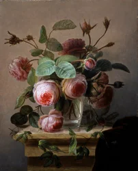 Nature morte de roses roses dans un vase de verre. Peinture de Hans Hermann (1813-1890) Collection privee.