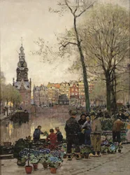 Marché à contre-courant à Amsterdam, le Munt au-delà (huile sur toile)
