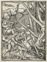 La Danse de la Mort : Expulsion du Paradis ; Adam cultivant le sol