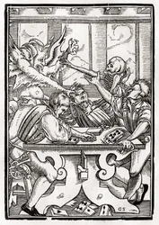 La mort et le diable viennent pour le joueur de cartes, gravé par Georg Scharffenberg, de 