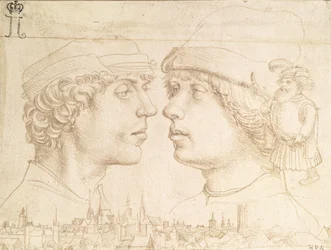 Portraits de deux jeunes, un nain et un paysage urbain, c.1514