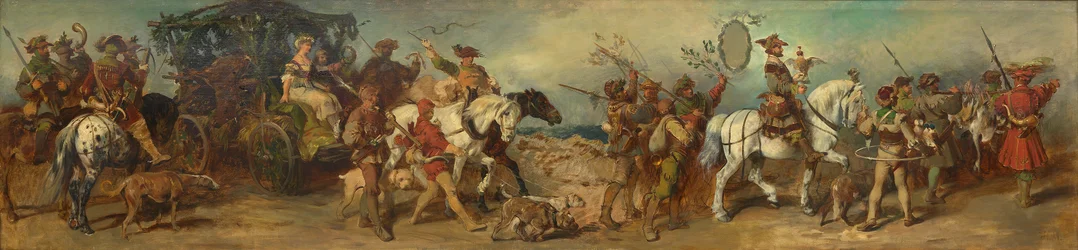 Projet pour le cortège festif de 1879 - Groupe de chasse avec chariot à trophées