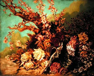 Arrangement floral avec branches en fleurs et pivoines
