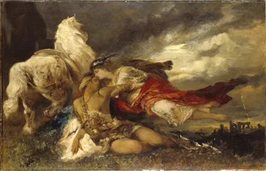 Valkyrie et un héros mourant, par Hans Makart (1840-1884). Huile sur toile. Dimensions : 130 x 200 cm. Nationalmuseum Stockholm