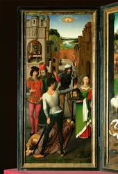Retable de saint Jean-Baptiste et saint Jean Évangéliste. Aile gauche : décapitation de saint Jean-Baptiste (peinture sur chêne)