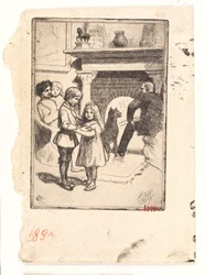 Carte de Nouvel An (la famille près de la cheminée)