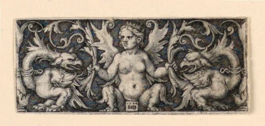 Frise avec figure féminine ailée et deux coqs grotesques