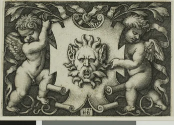 Ornement avec un masque tenu par deux génies