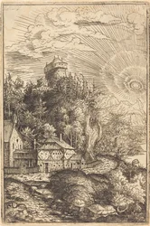 Paysage avec un château et un soleil rayonnant